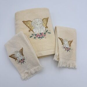 Vtg Towel Set 3 Celestial Decor Cherub Angels Bath Towels 100 Cotton Tan Neutral